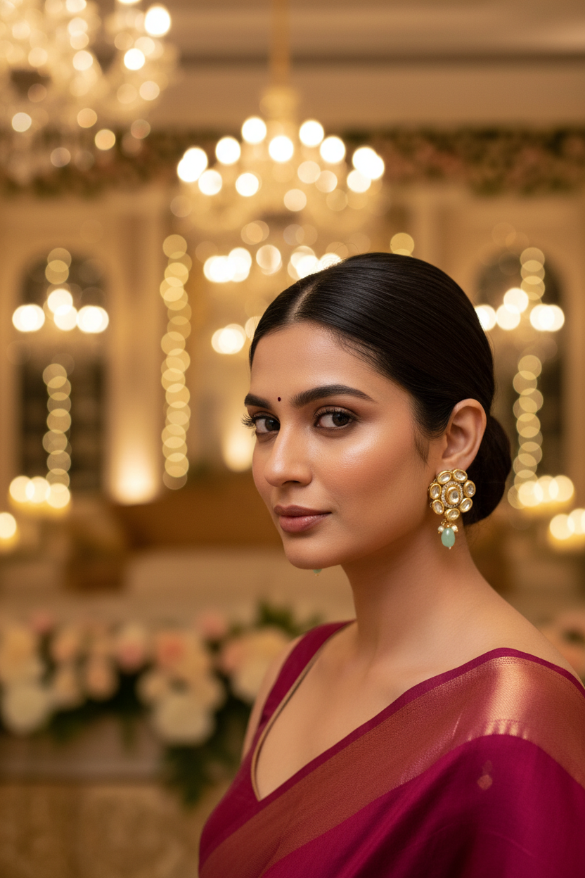 Mint Kundan Studs - wedding guest model in magenta