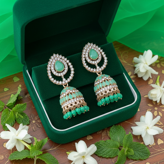 Mint Teardrop Crystal Jhumki Earrings - Green Velvet Box
