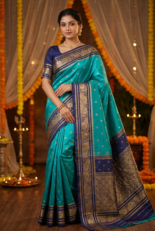 Model wearing the teal soft silk saree with navy blue border and pallu and gold zari peacock weave