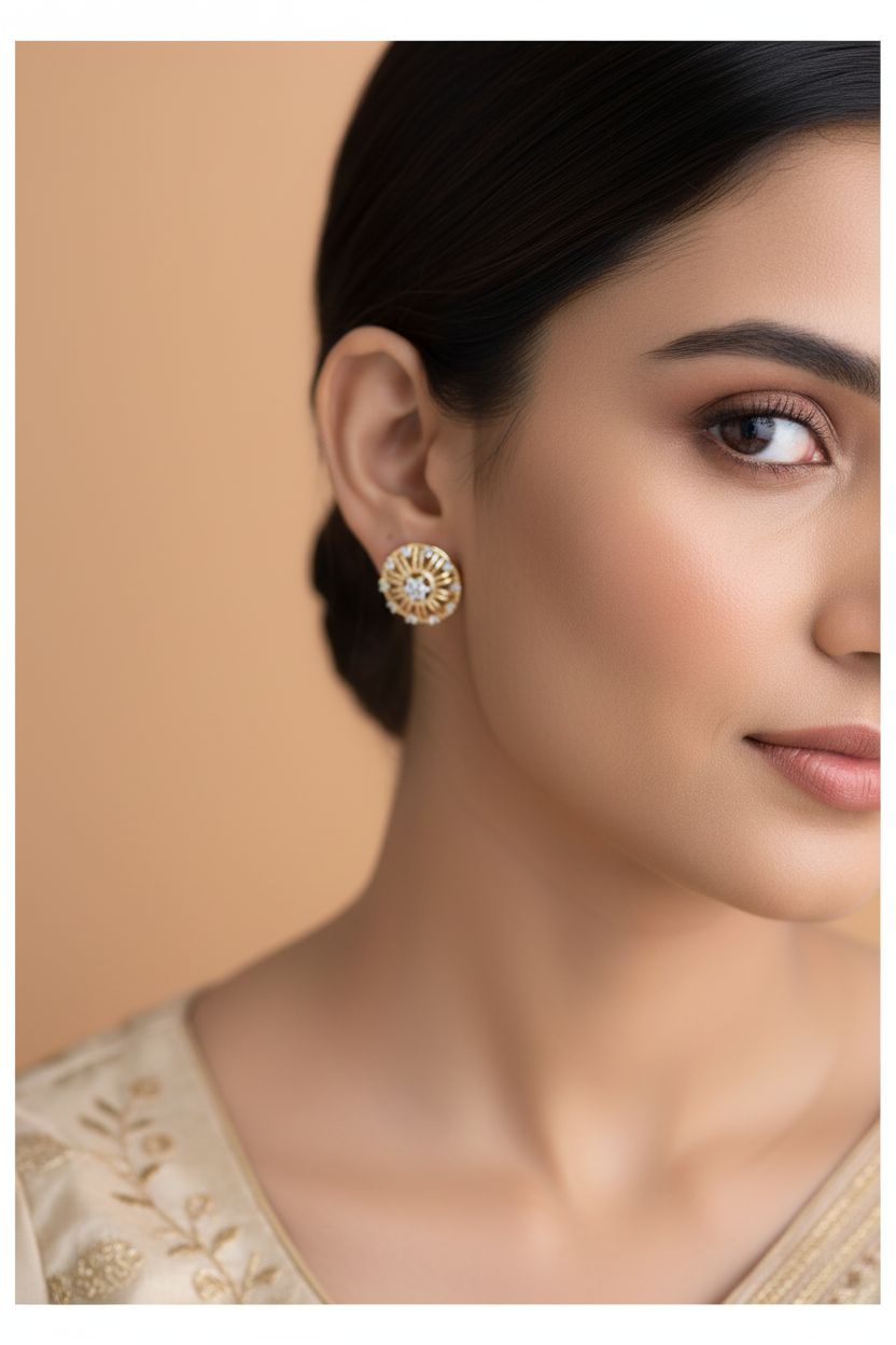 Gold CZ Sunburst Stud Earrings - Model Wearing