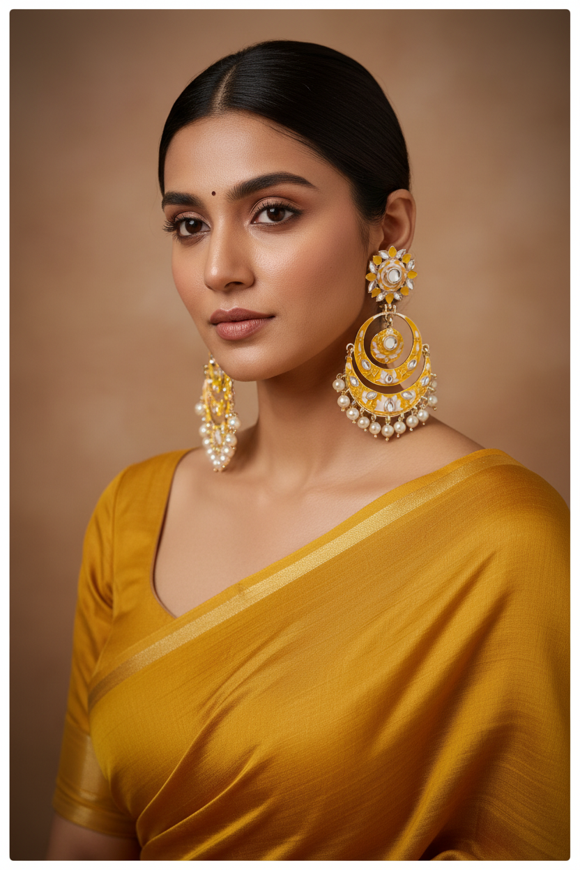 Lemon Yellow Designer Chandbali - model wearing