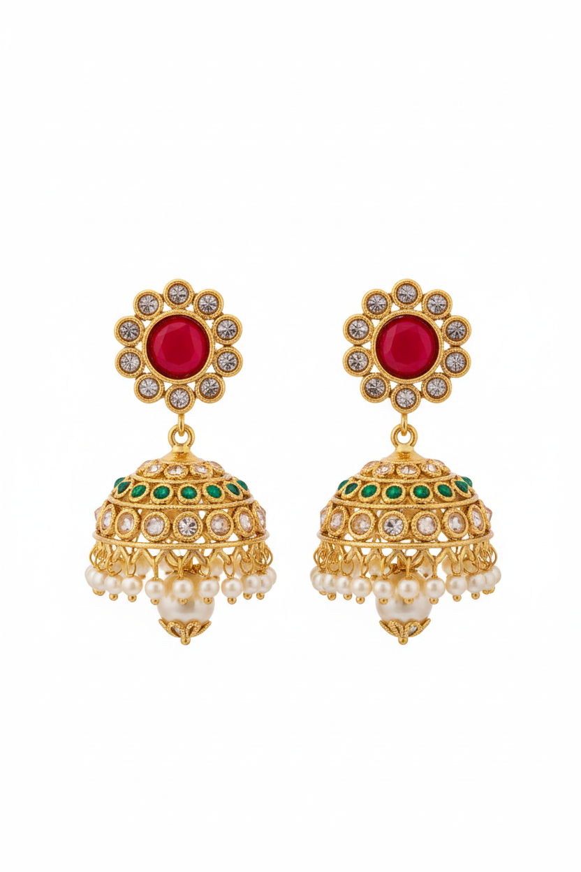 Red and Emerald Jhumkis - white background
