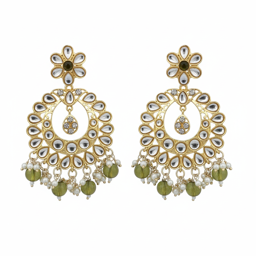 Olive Green Kundan Chandbali Earrings - White Background