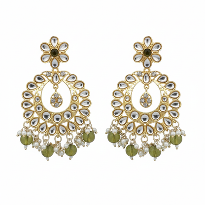 Olive Green Kundan Chandbali Earrings - White Background