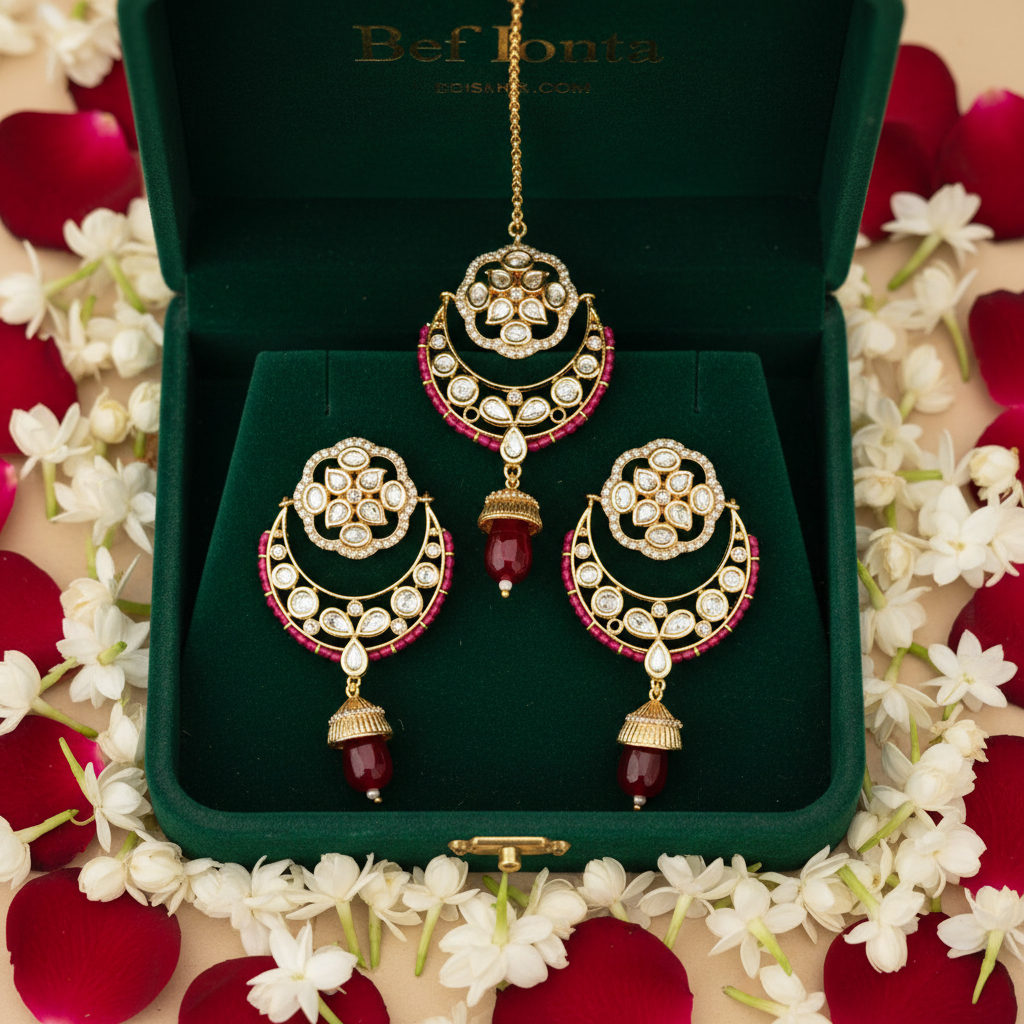 Deep Red Ruby Kundan Chandbali Set - Green Velvet Box