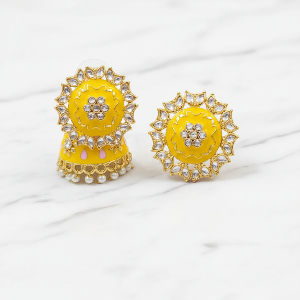 Yellow Meenakari Kundan Jhumki Earrings - White Background