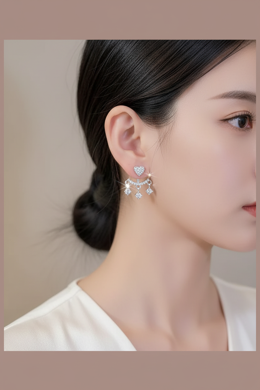 Silver CZ Heart Chandelier Earrings - Model