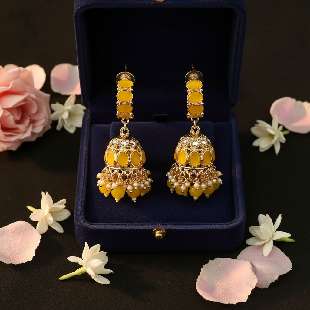 Yellow Kundan Hoop Jhumki Earrings - Velvet Box
