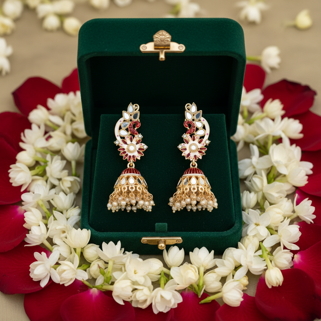 Maroon & White Meenakari Peacock Jhumki Earrings - Green Velvet Box