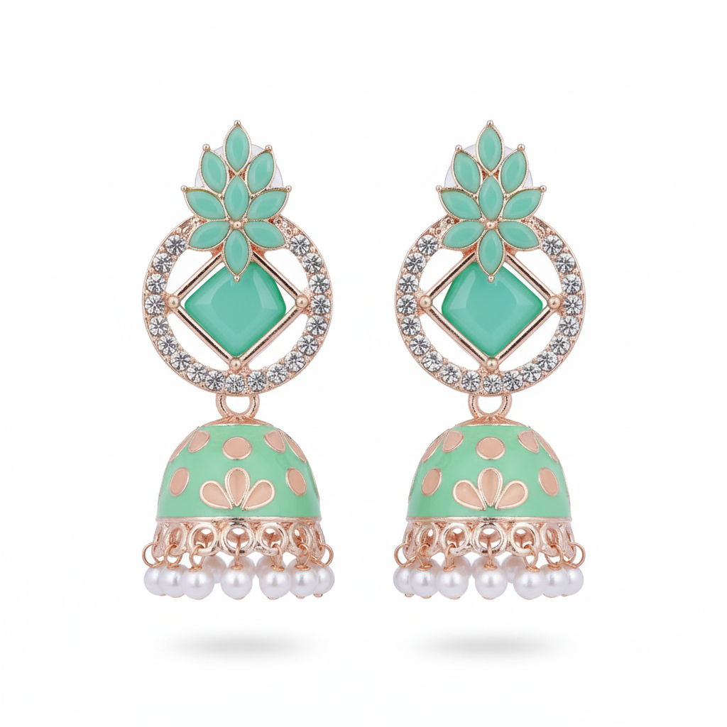 Mint Meenakari Lotus Jhumki Earrings - White Background