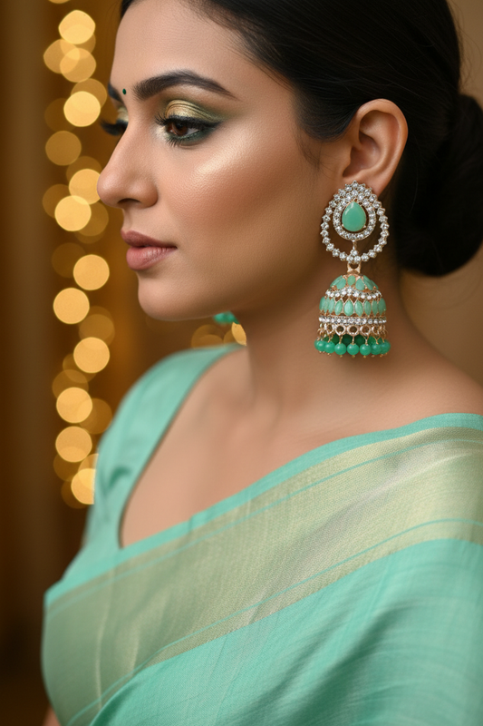 Mint Teardrop Crystal Jhumki Earrings - Model Festive