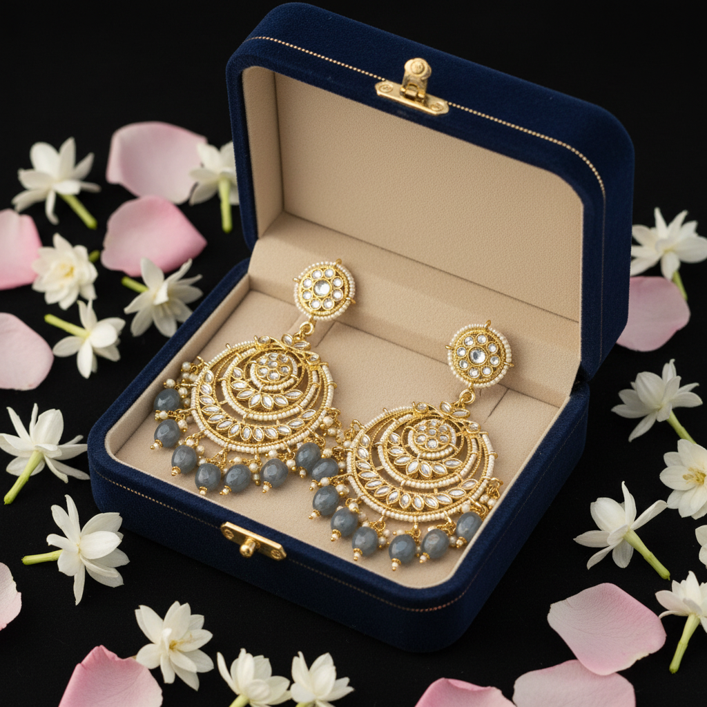 Grey Pearl Kundan Chandbali Earrings - Velvet Box