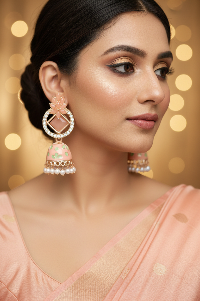 Peach Meenakari Lotus Jhumki Earrings - Model Festive