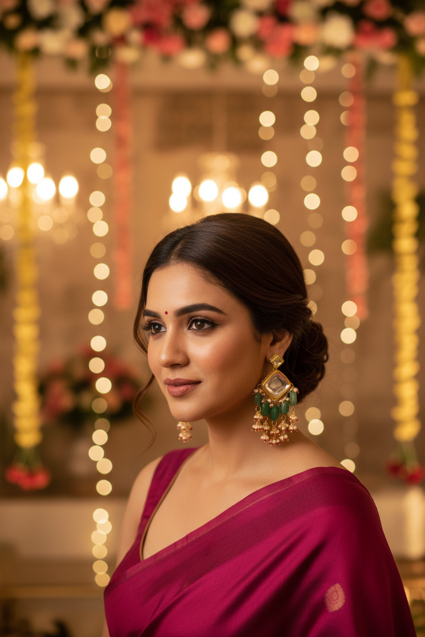 Mint Designer Earrings - model wearing at festive event