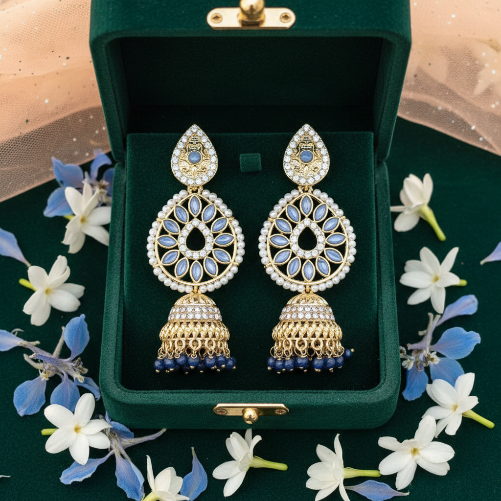 Blue Crystal Chandbali Jhumki Earrings - Green Velvet Box