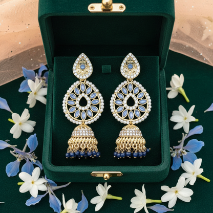 Blue Crystal Chandbali Jhumki Earrings - Green Velvet Box