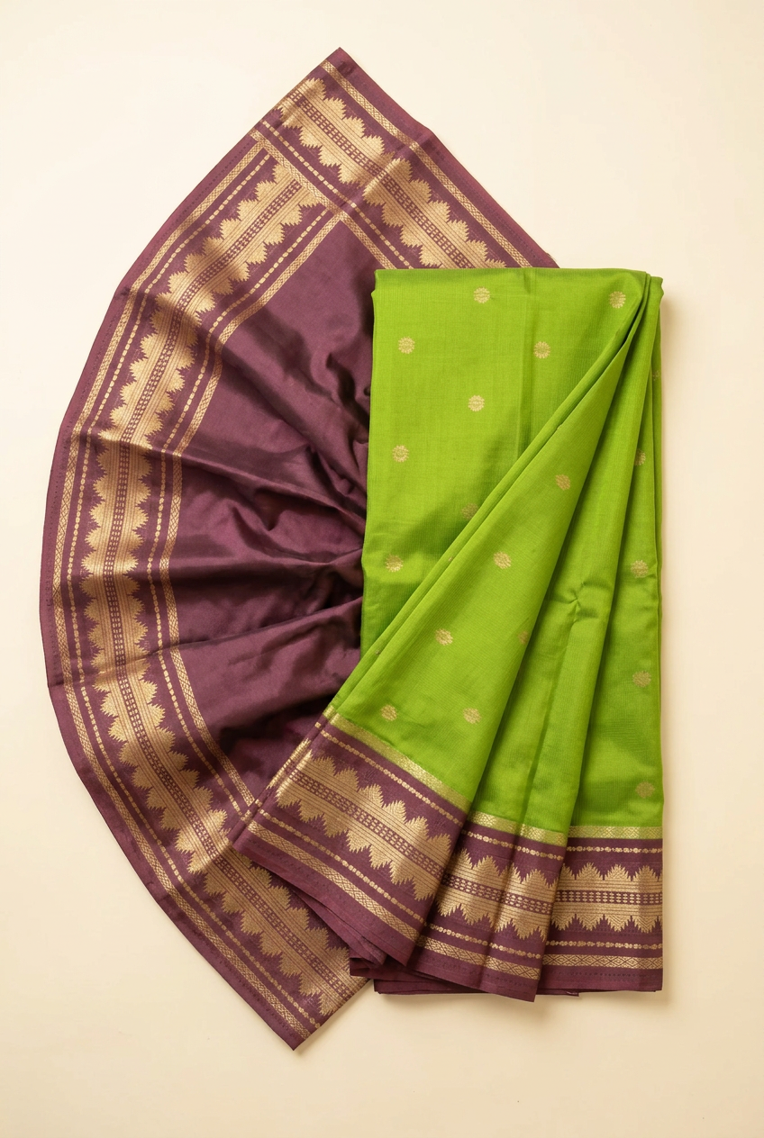 Bright folded display of parrot green saree with plum gold-toned border