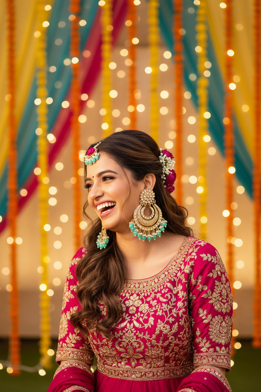 Turquoise Designer Chandbali Earrings - wedding guest at sangeet