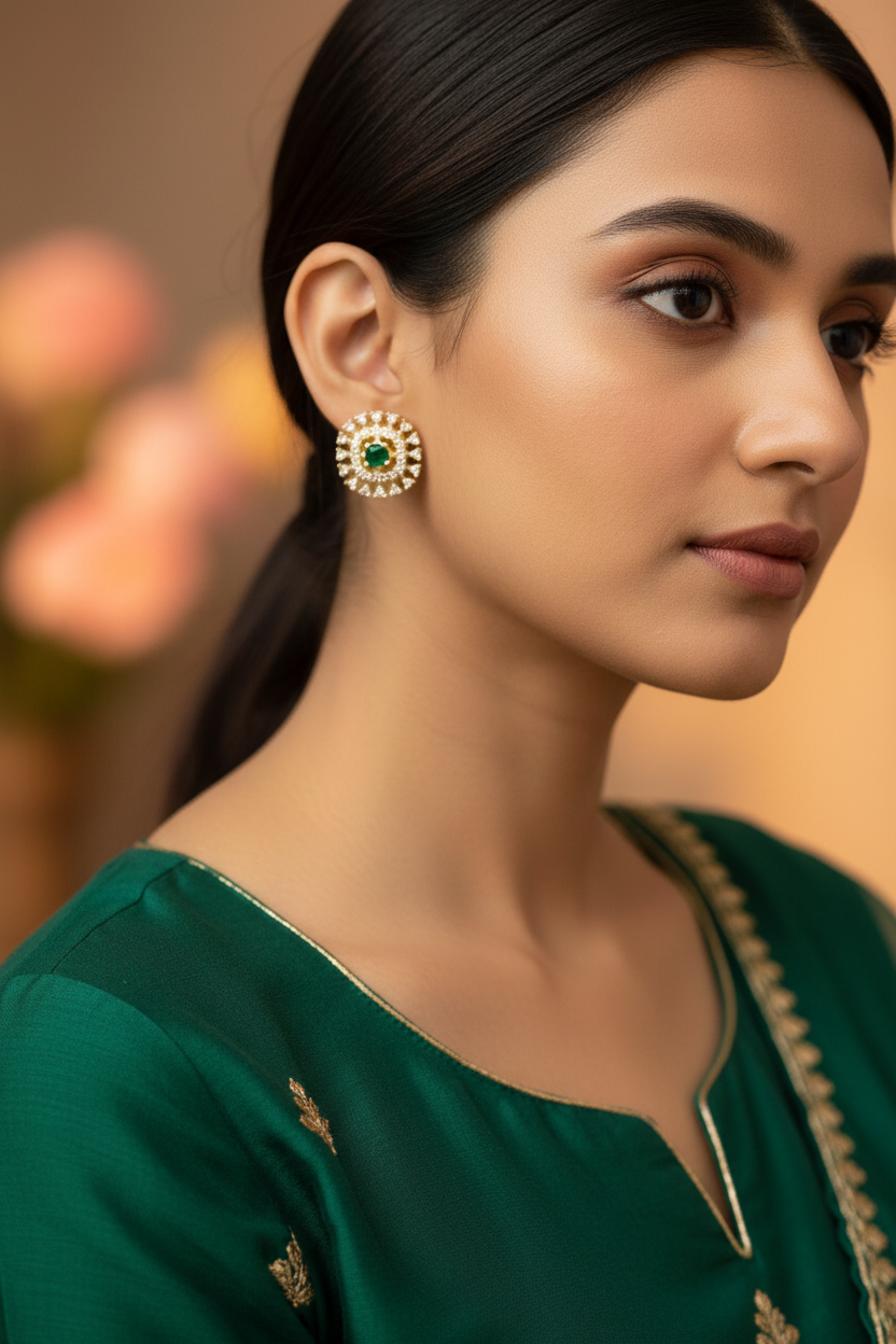 Gold American Diamond Emerald Sunburst Stud Earrings - Model