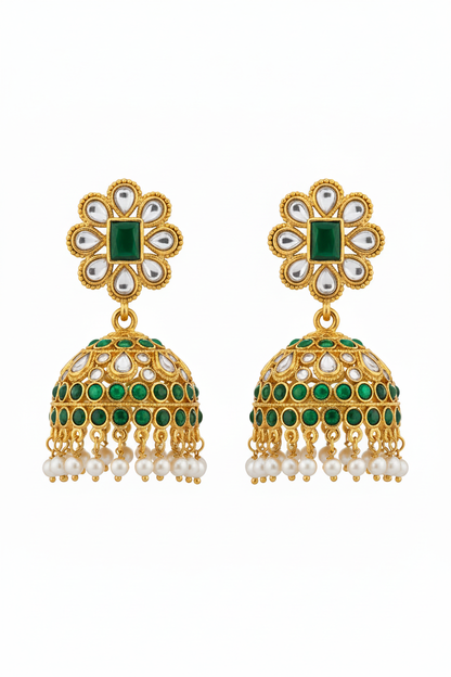 Emerald Pearl Jhumkis on white background