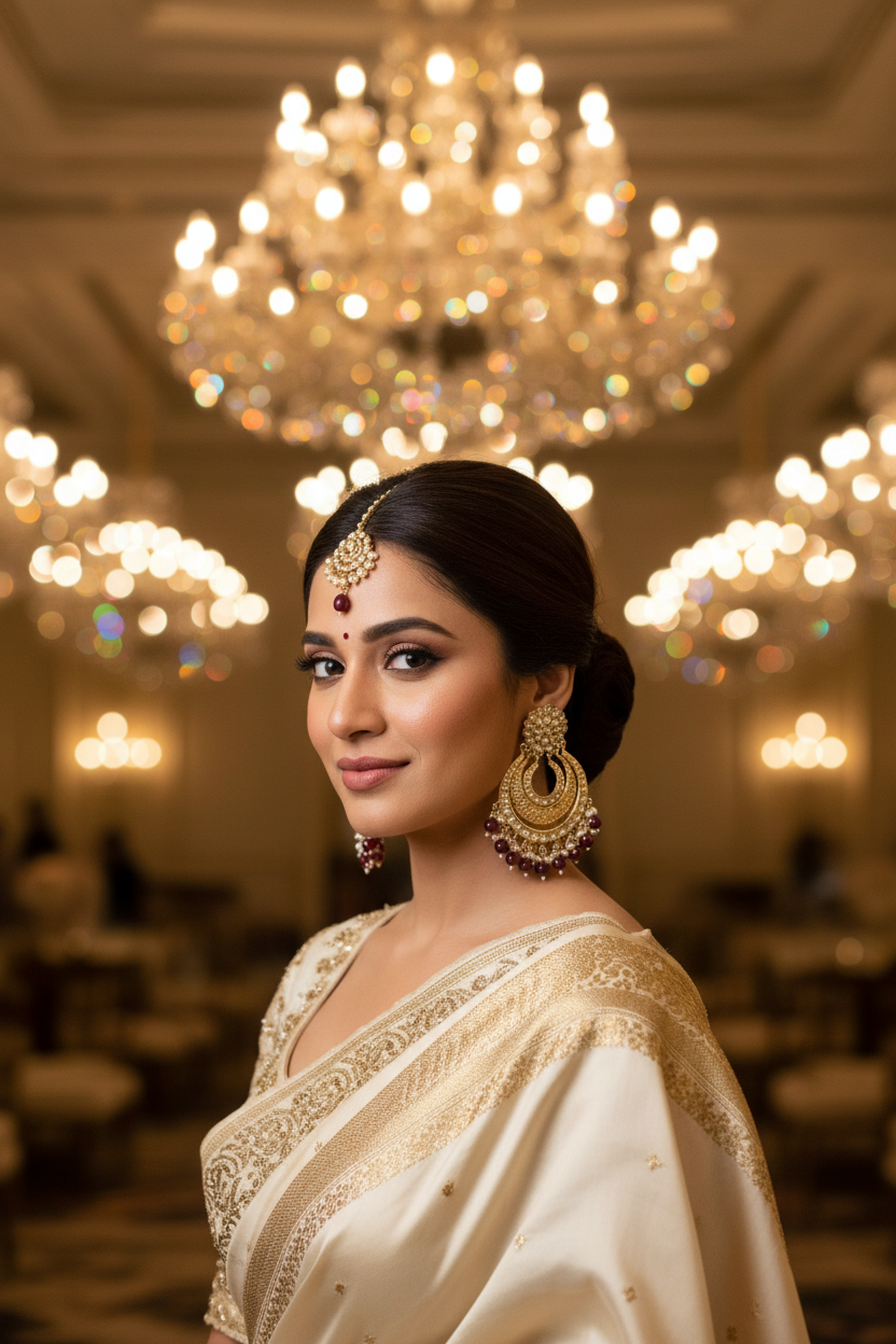 Wine Designer Chandbali Earrings - wedding reception model
