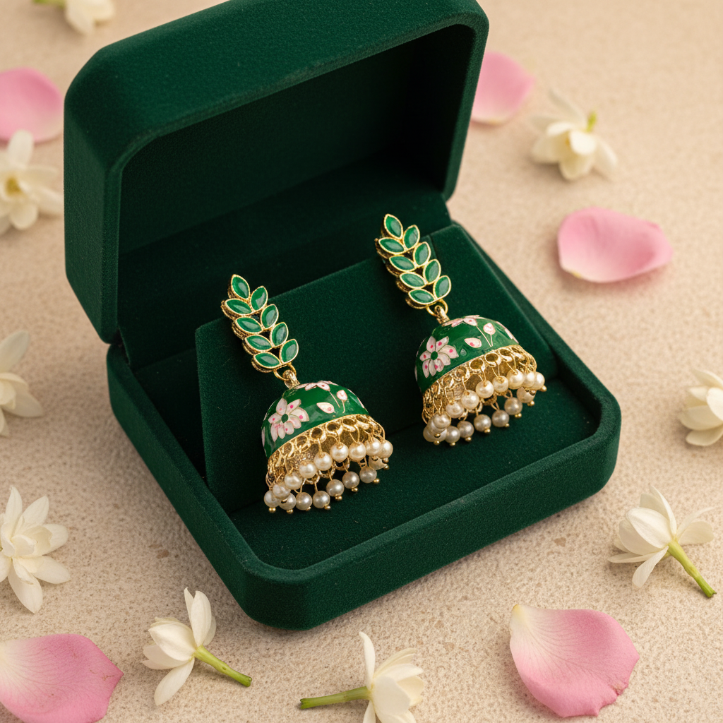 Emerald Meenakari Jhumki Earrings - Velvet Box Photoshoot
