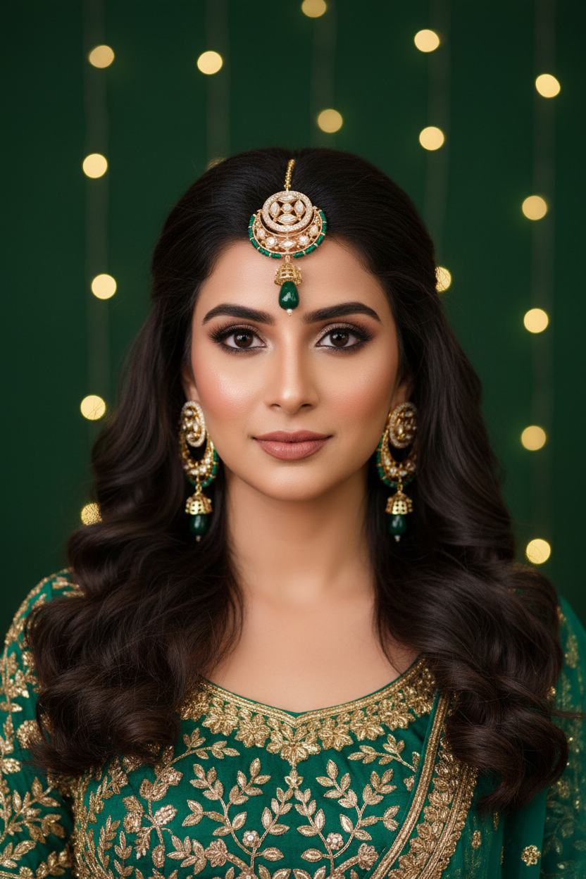 Emerald Green Kundan Chandbali Set - Model