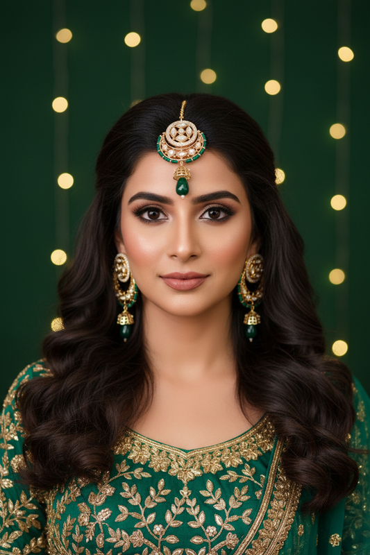 Emerald Green Kundan Chandbali Set - Model