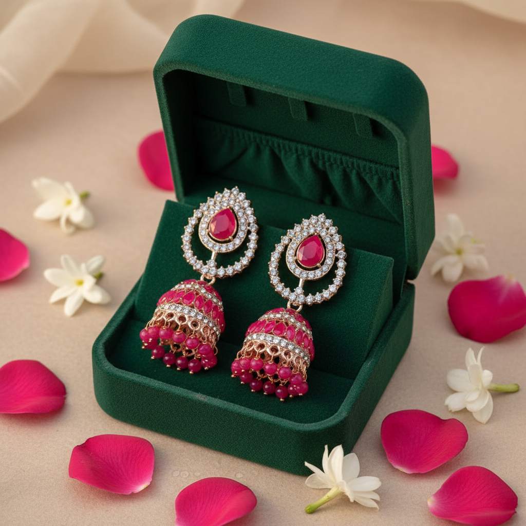 Hot Pink Ruby Teardrop Crystal Jhumki Earrings - Green Velvet Box