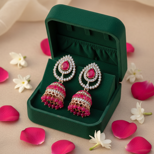 Hot Pink Ruby Teardrop Crystal Jhumki Earrings - Green Velvet Box