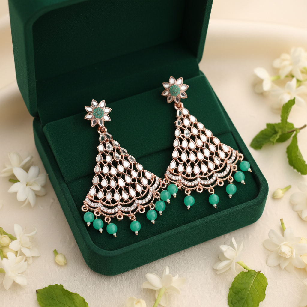 Mint Green Mirror Kundan Chandbali Earrings - Green Velvet Box