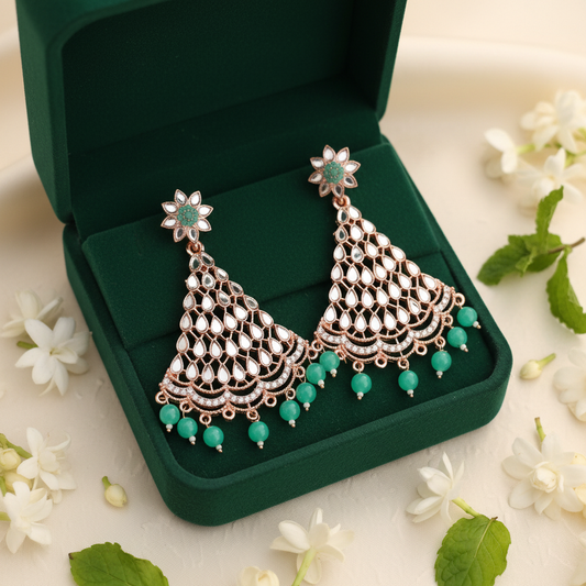 Mint Green Mirror Kundan Chandbali Earrings - Green Velvet Box