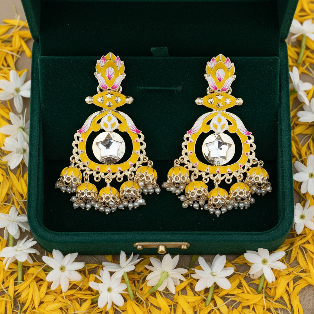 Yellow Meenakari Lotus Chandbali Earrings - Green Velvet Box