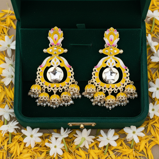 Yellow Meenakari Lotus Chandbali Earrings - Green Velvet Box