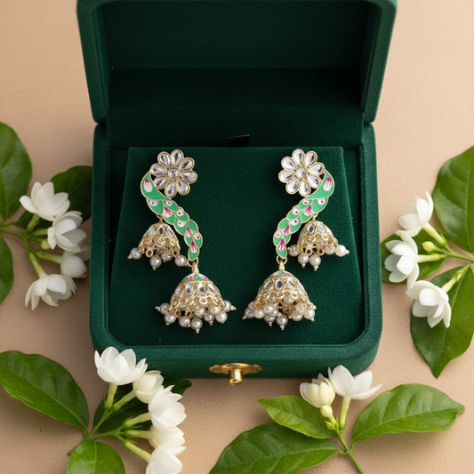 Green Meenakari Peacock Jhumki Earrings - Green Velvet Box