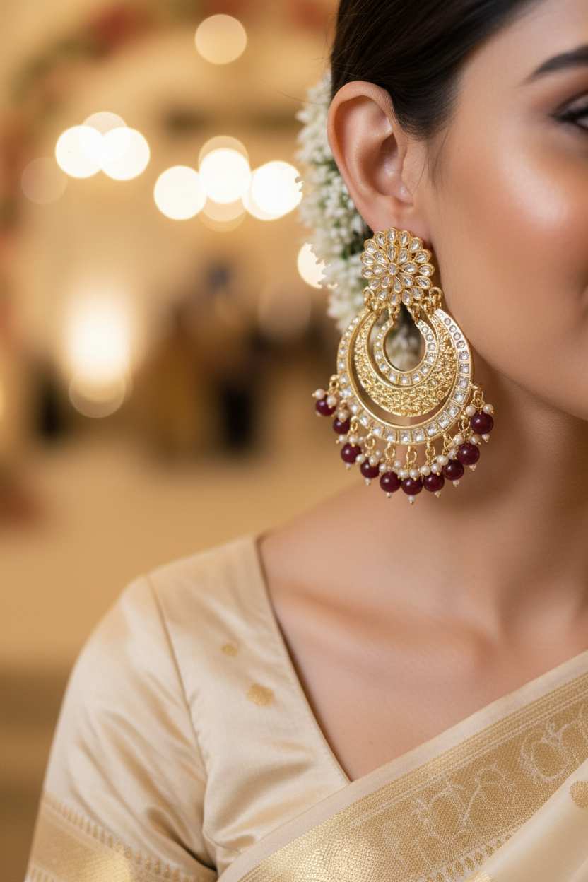 Wine Designer Chandbali Earrings - earring close-up on model