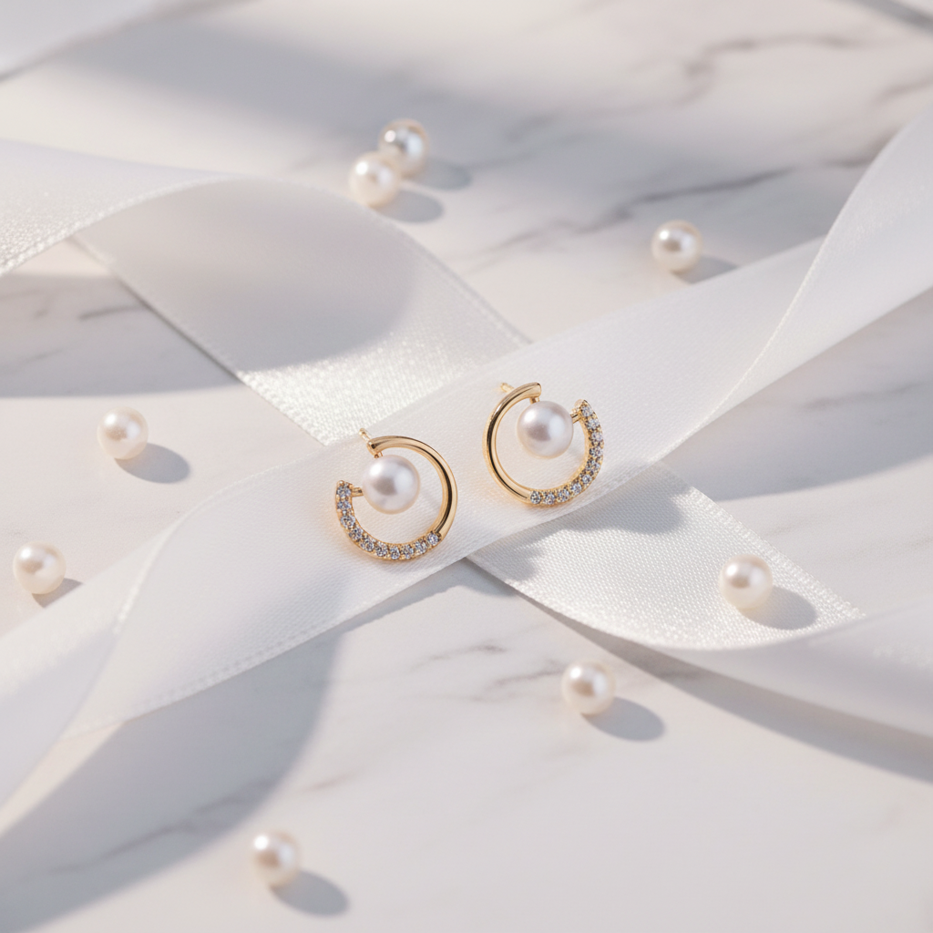 Gold American Diamond Pearl Circle Stud Earrings - Lifestyle