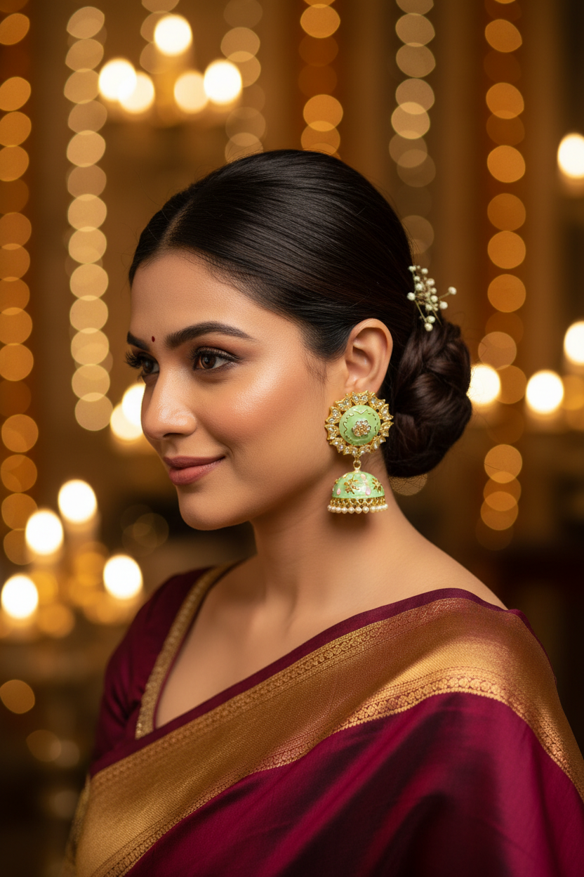 Mint Green Meenakari Kundan Jhumki Earrings - full model in wine saree