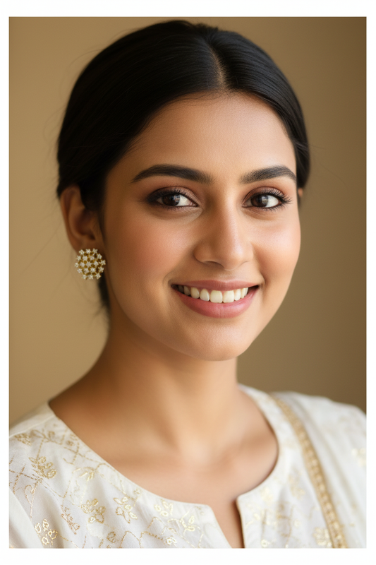 Gold American Diamond CZ Starburst Stud Earrings - Model Smiling