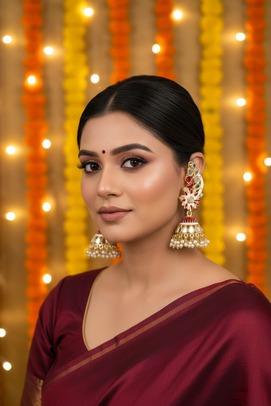 Maroon & White Meenakari Peacock Jhumki Earrings - Model Festive