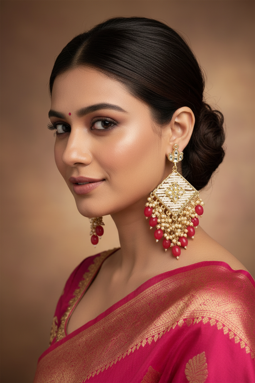 Rani Pink Designer Chandbali - model wearing