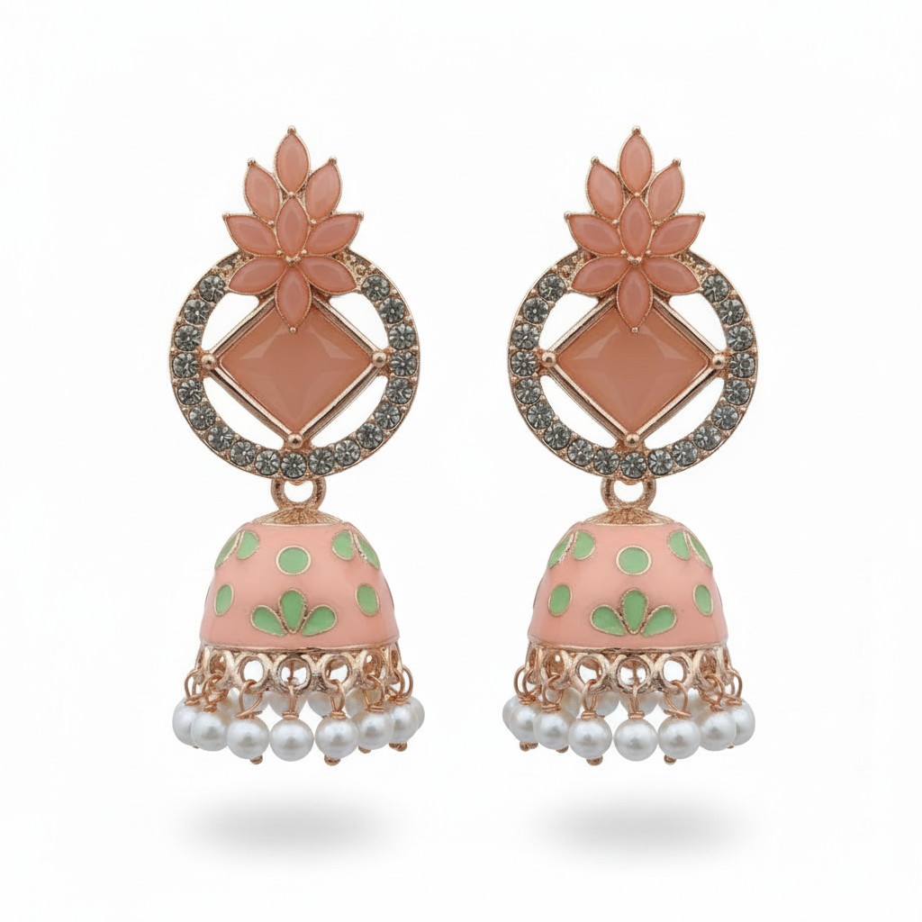 Peach Meenakari Lotus Jhumki Earrings - Grey Background