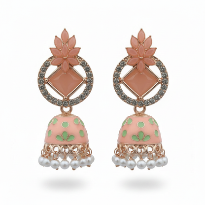 Peach Meenakari Lotus Jhumki Earrings - Grey Background