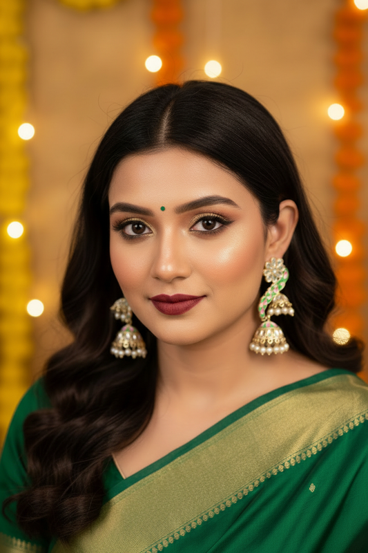 Green Meenakari Peacock Jhumki Earrings - Model Highlighted