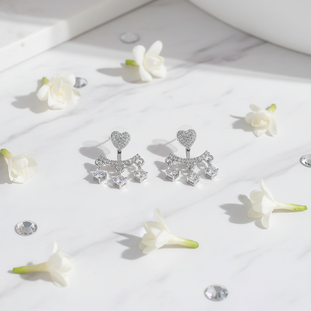 Silver CZ Heart Chandelier Earrings - Marble Lifestyle