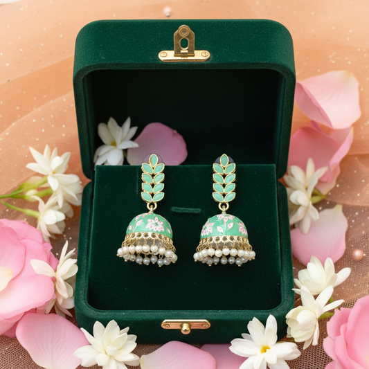 Mint Meenakari Jhumki Earrings - Velvet Box