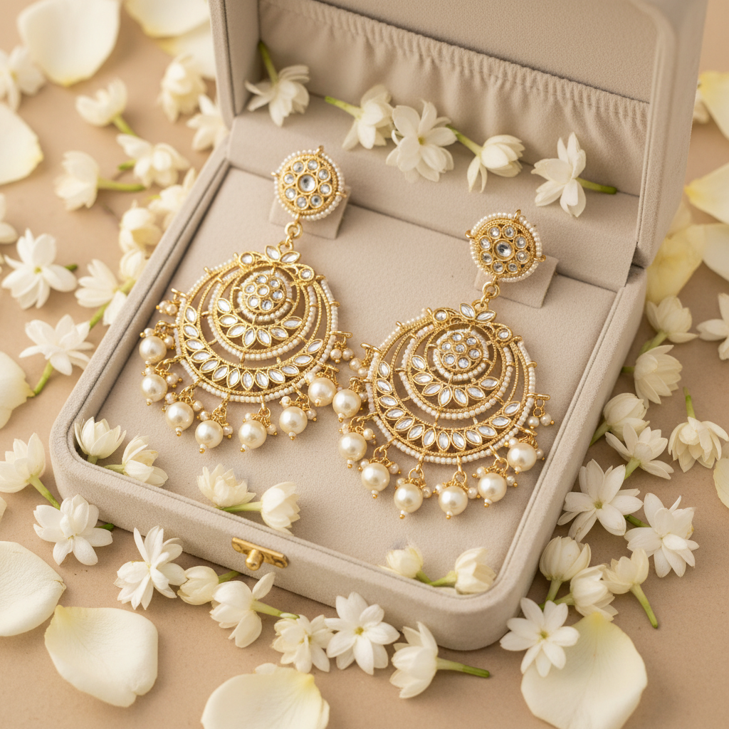 White Pearl Kundan Chandbali Earrings - Velvet Box