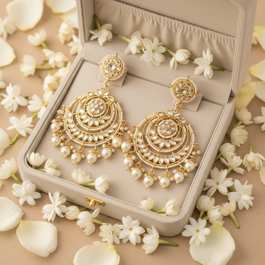White Pearl Kundan Chandbali Earrings - Velvet Box