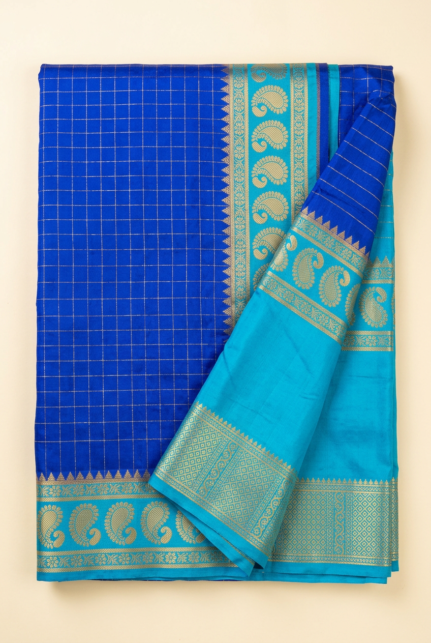 Royal blue soft silk saree with turquoise paisley border, folded display