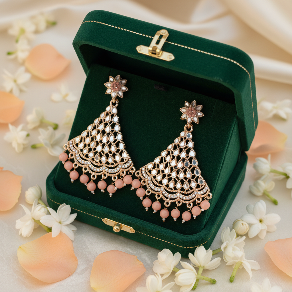 Peach Pink Mirror Kundan Chandbali Earrings - Green Velvet Box